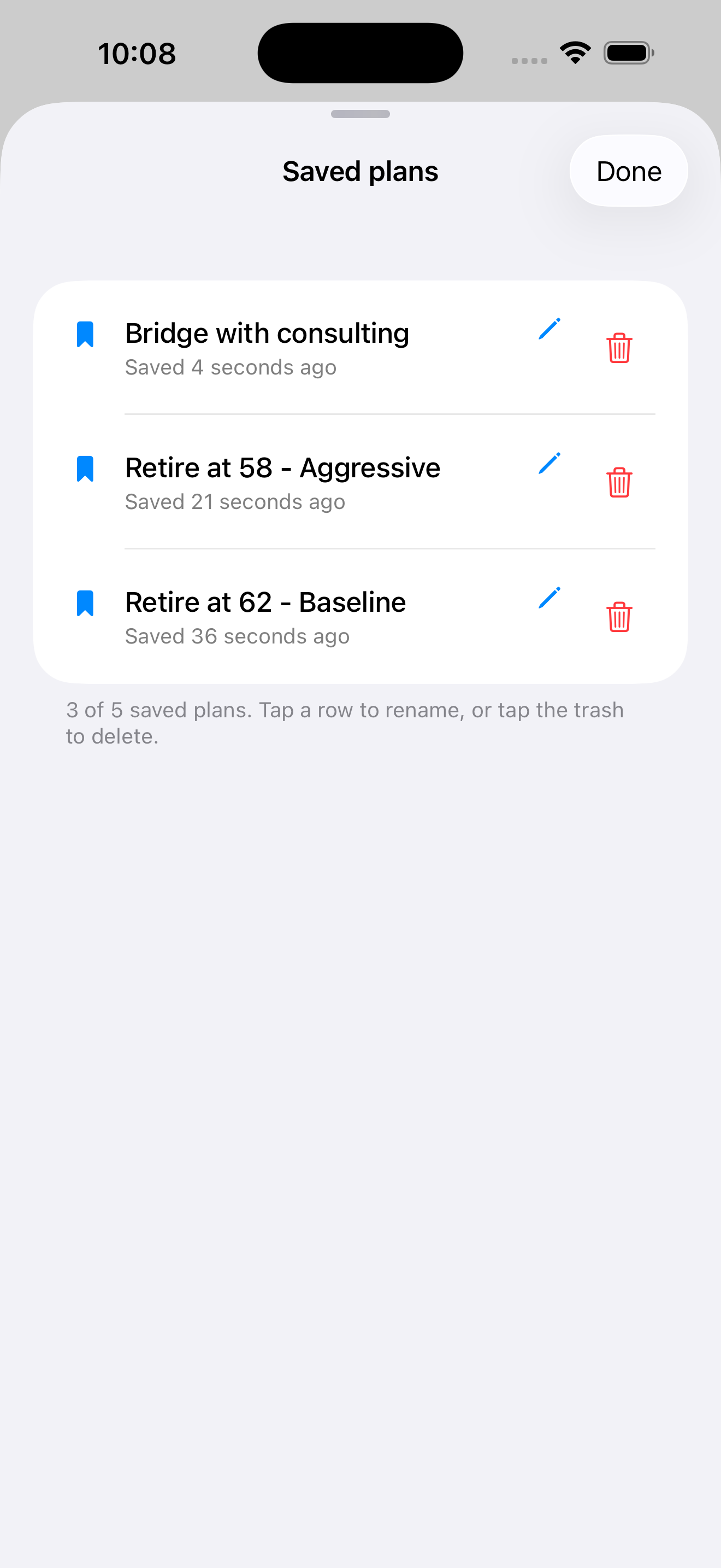 Saved scenarios compare view