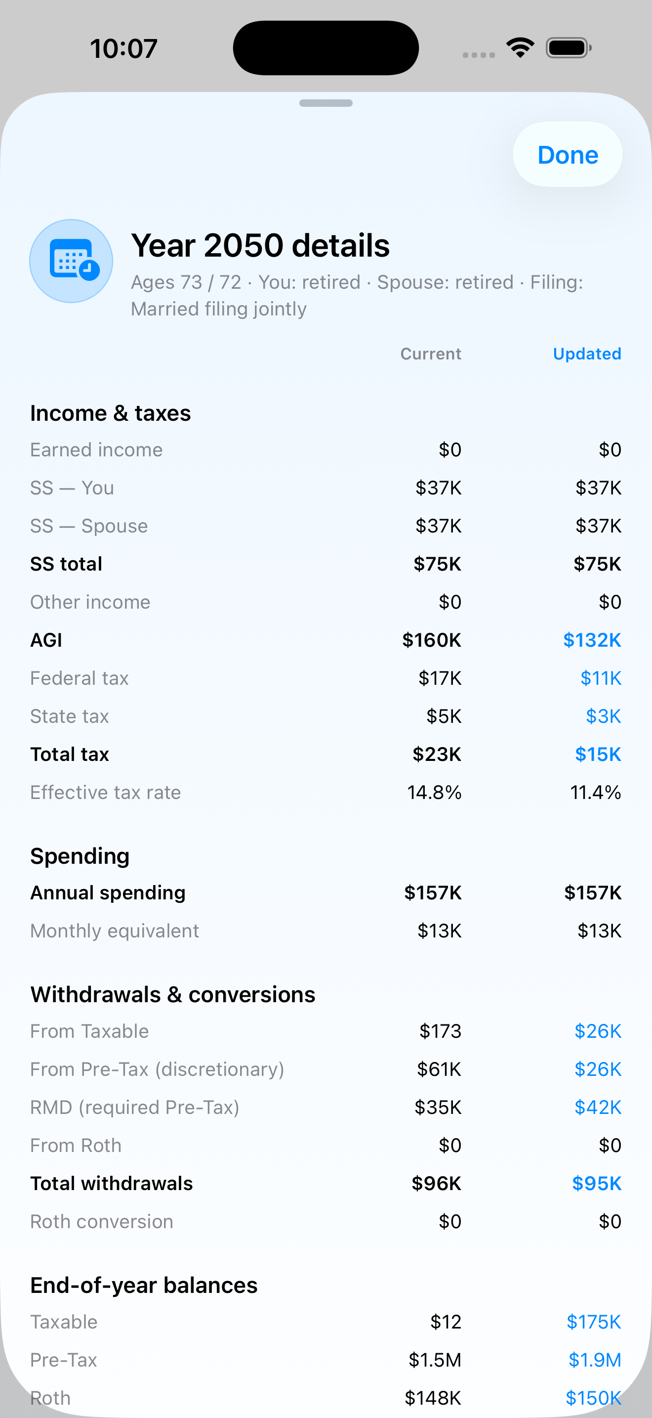 Year 2050 details sheet showing income, taxes, withdrawals, and balances with current vs updated columns